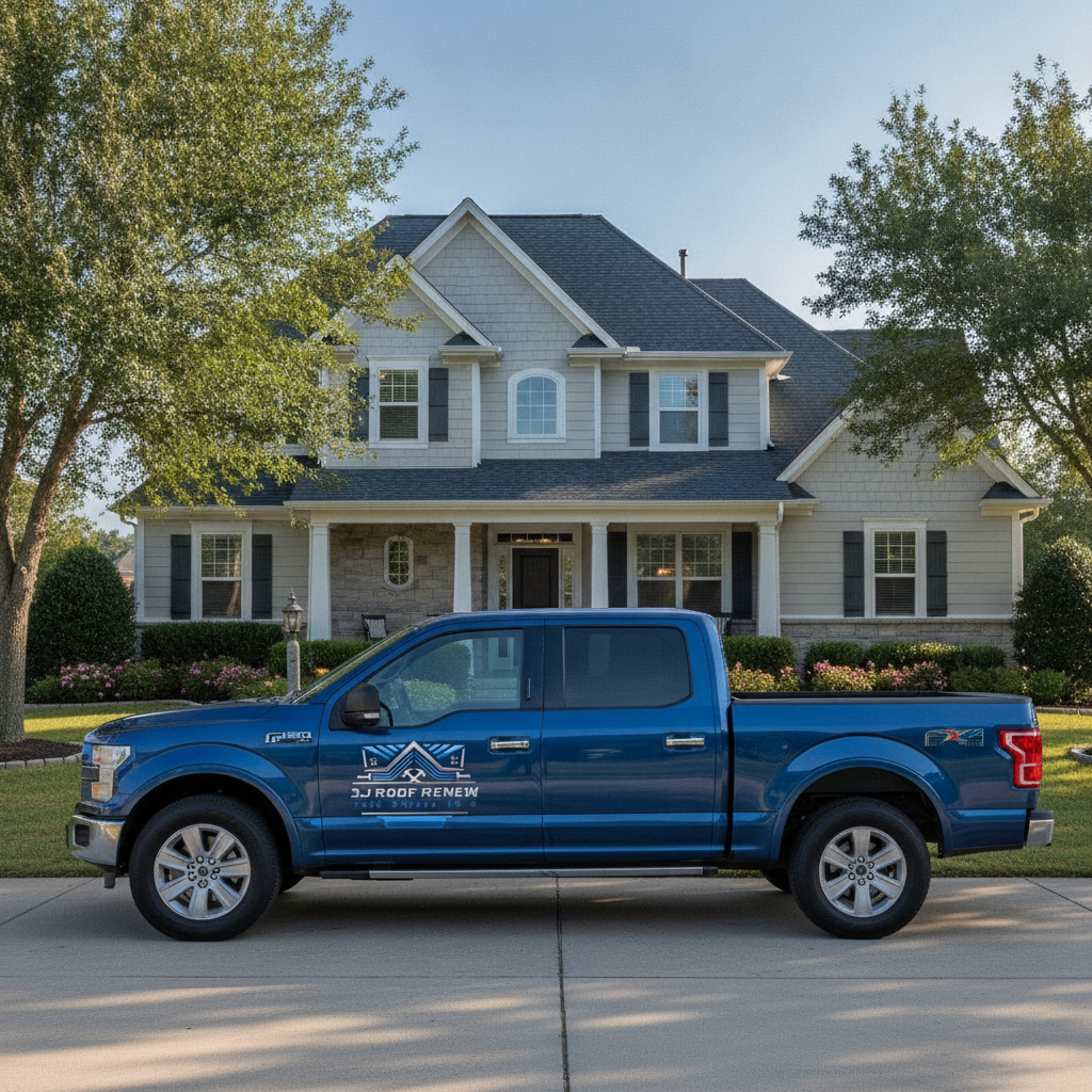 3J Roof Renew truck in front of house